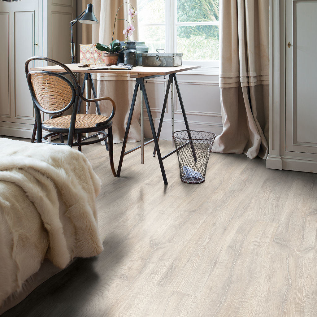 Quick-Step Classic Reclaimed White Patina Oak 8mm Laminate Flooring (CL1653) - Premium Quick-Step collection featuring white luxury vinyl tile flooring with waterproof technology and easy click-fit installation
