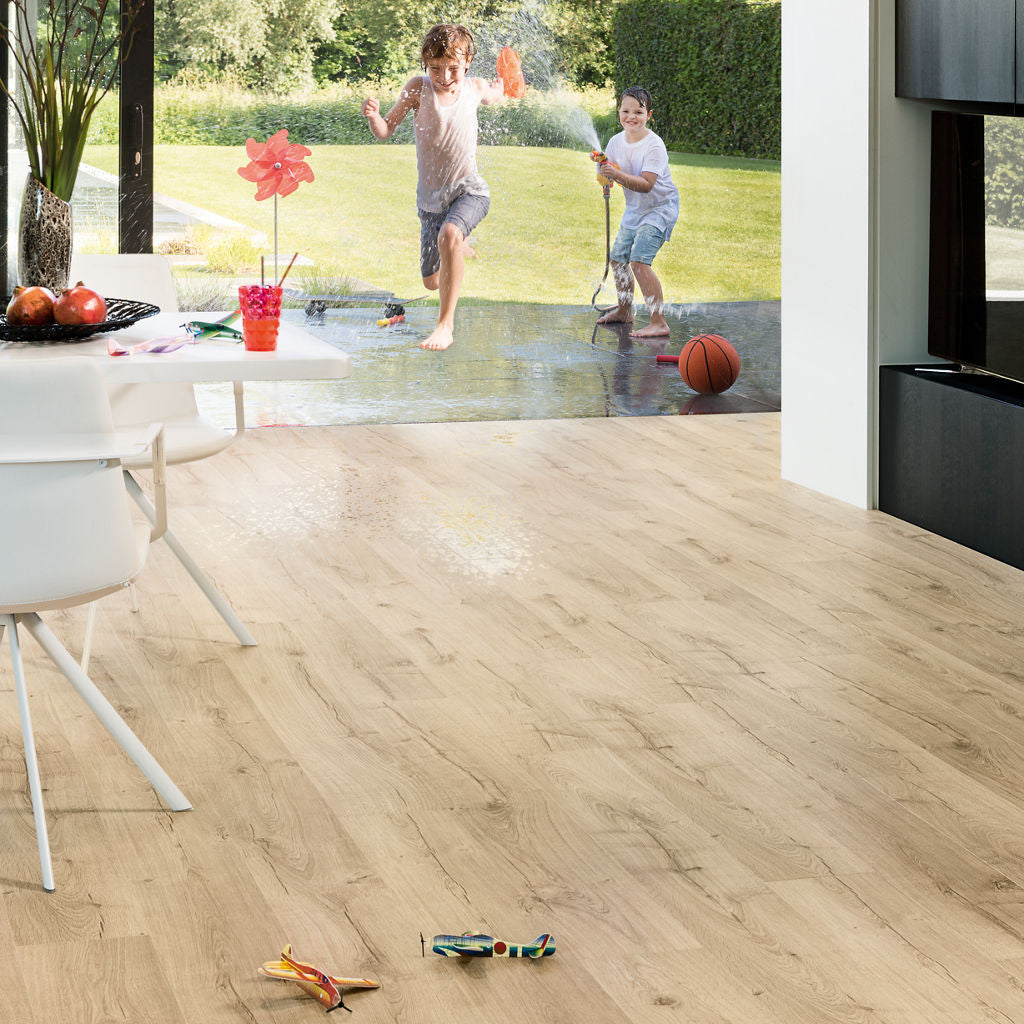 Quick-Step Impressive Classic Oak Beige 8mm Laminate Flooring (IM1847) - Premium Impressive collection featuring oak luxury vinyl tile flooring with waterproof technology and easy click-fit installation