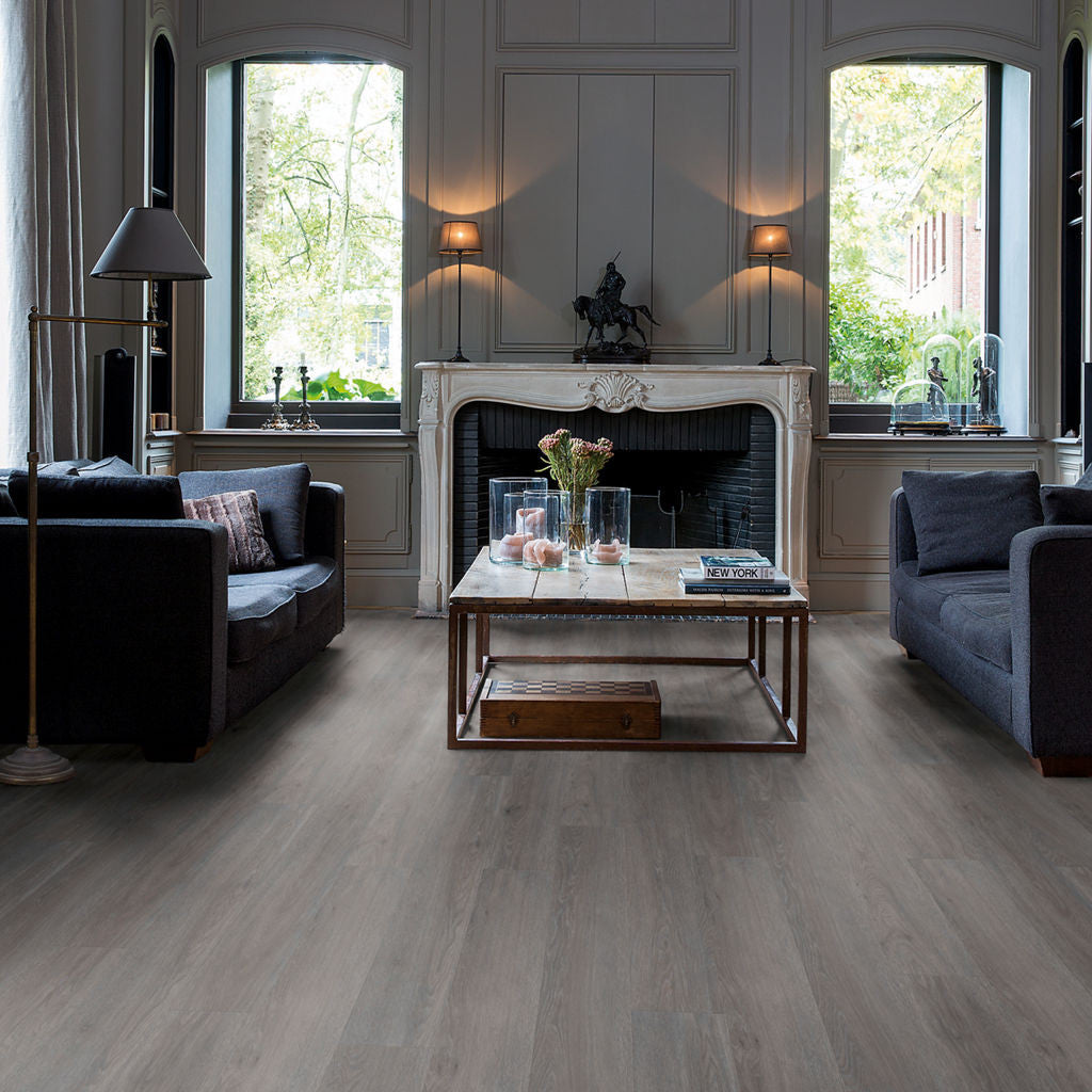 Quick-Step Alpha Vinyl Blos – Silk Oak Dark Grey Rigid Vinyl Flooring (AVSPU40060) - Premium Quick-Step collection featuring oak luxury vinyl tile flooring with waterproof technology and easy click-fit installation