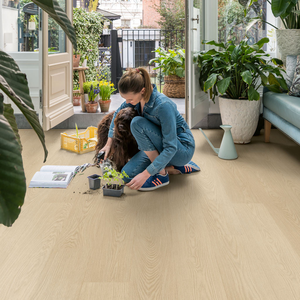Quick-Step Alpha Vinyl Blos – Buttermilk Oak Rigid Vinyl Flooring (AVSPU40277) - Premium Quick-Step collection featuring oak luxury vinyl tile flooring with waterproof technology and easy click-fit installation