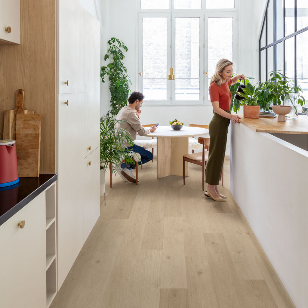 Quick-Step Alpha Vinyl Blos – Coast Oak Sand Rigid Vinyl Flooring (AVSPU40322) - Premium Quick-Step collection featuring oak luxury vinyl tile flooring with waterproof technology and easy click-fit installation
