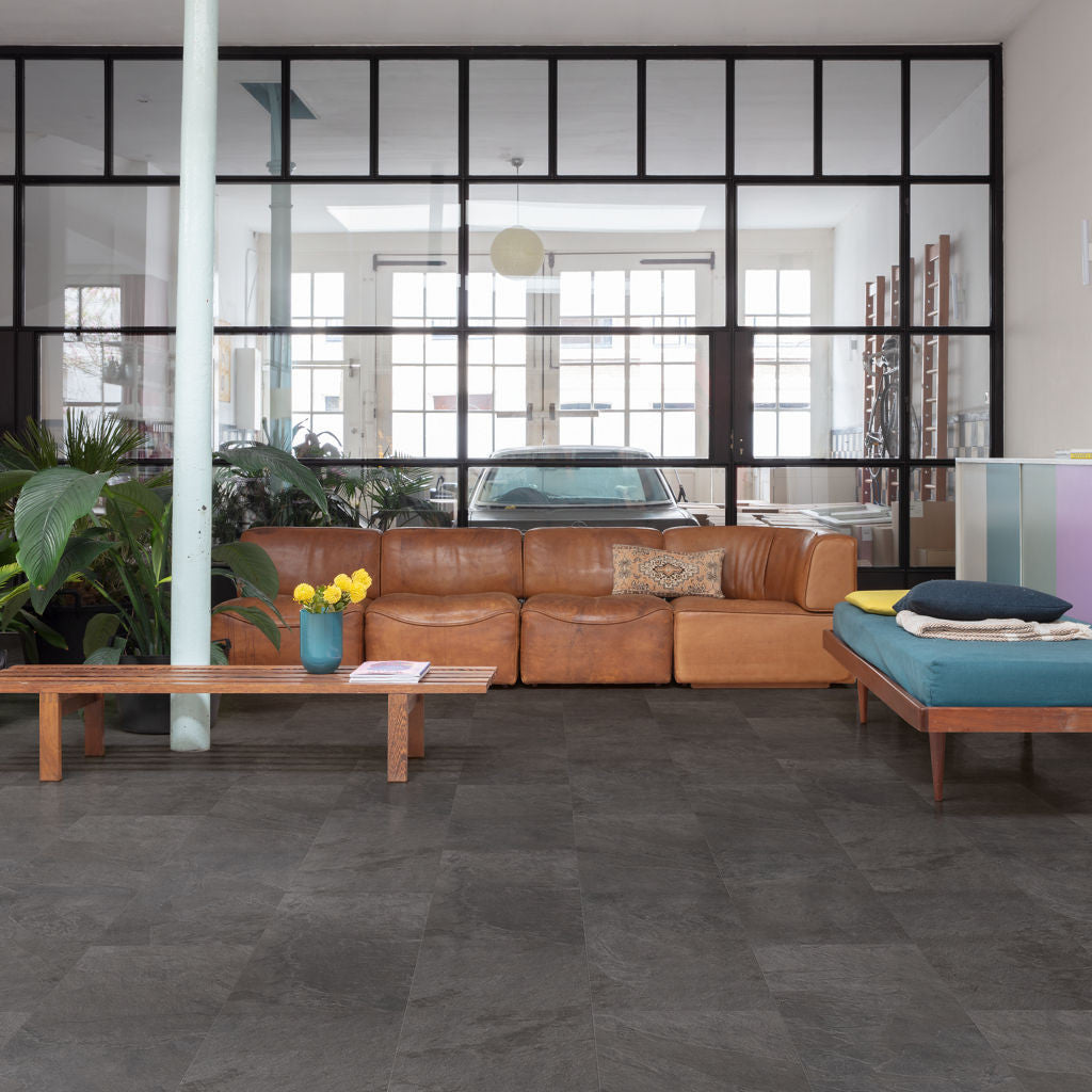 Quick-Step Alpha Vinyl Oro Black Slate AVSTU40035 - Premium Quick-Step collection featuring black luxury vinyl tile flooring with waterproof technology and easy click-fit installation