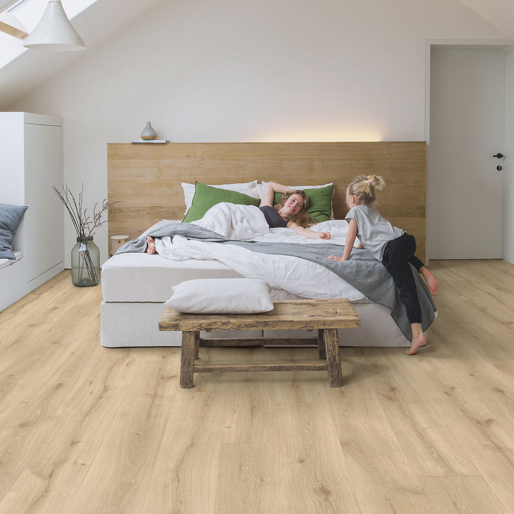 Quick‑Step Majestic Desert Oak Light Natural 9.5mm Laminate Flooring (MJ3550) - Premium Quick-Step collection featuring oak luxury vinyl tile flooring with waterproof technology and easy click-fit installation