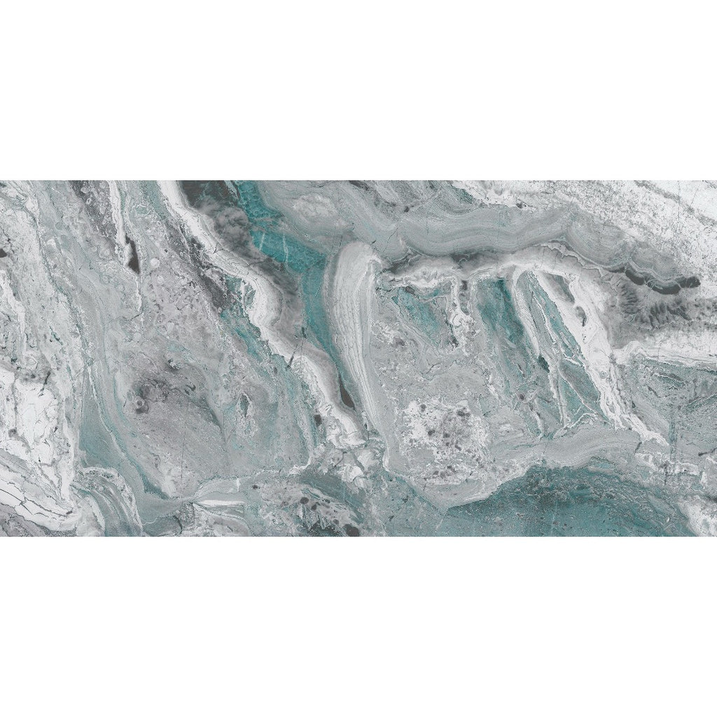 Close-up of Valencia Aqua Supershine Tile 60x120cm showcasing glossy surface with abstract aqua and stone-inspired veining.