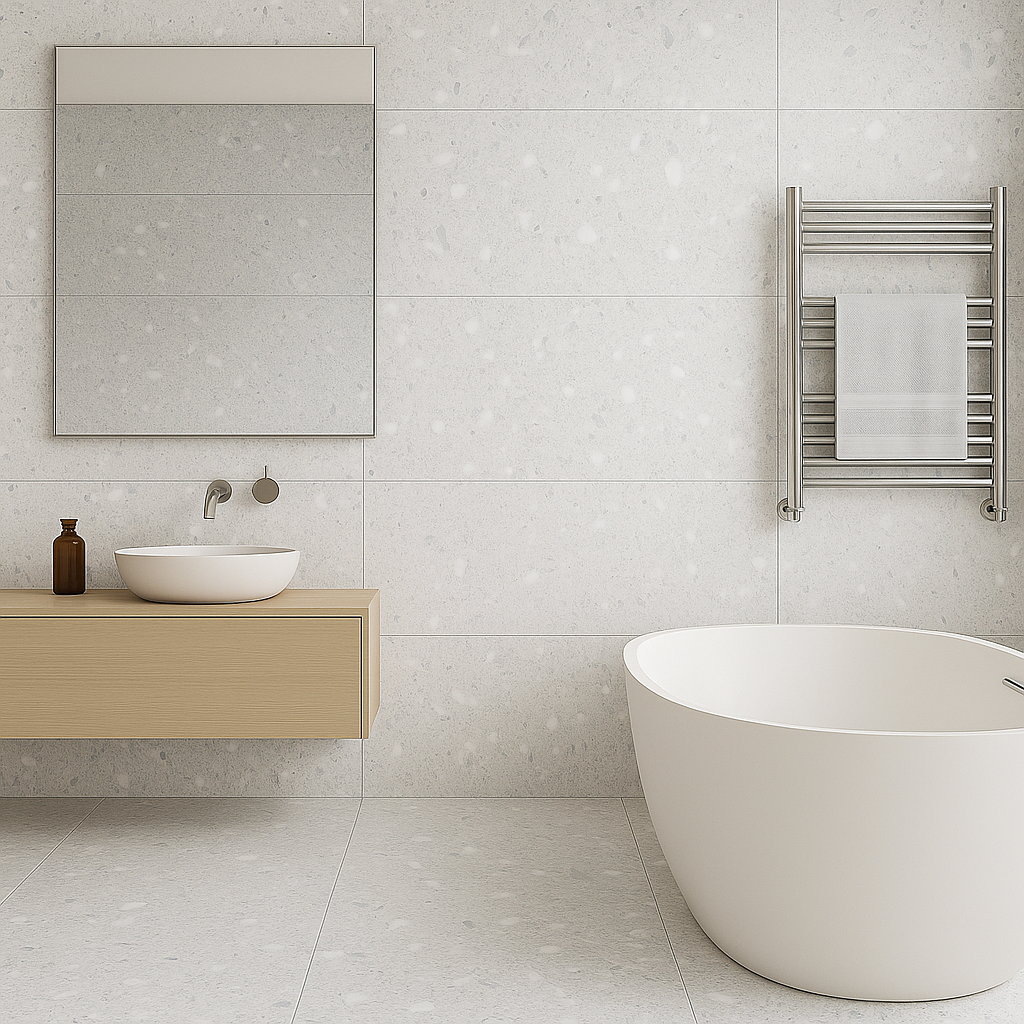 Modern bathroom featuring Veneto White Terrazzo Effect 60x120cm tiles used seamlessly across walls and floors, paired with minimalist wood vanity, round freestanding bath, and chrome towel rail.