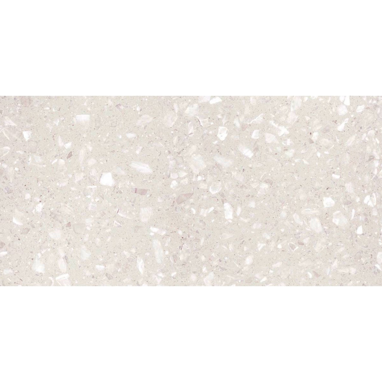 Close-up view of Veneto White Terrazzo Effect Wall & Floor Tile showing its matt finish and soft white base with scattered light grey and ivory stone flecks.