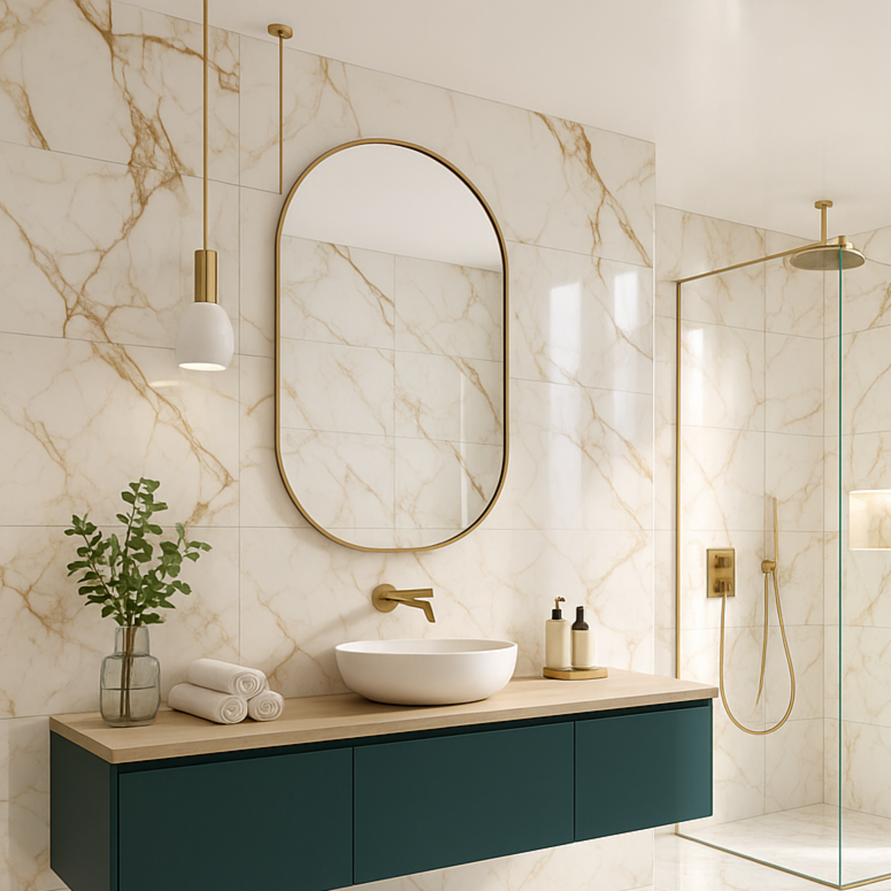 Modern bathroom featuring Verona Gold Marble Effect Tiles (60x120cm) on walls and floor, with gold fixtures, floating vanity, and glass shower enclosure.