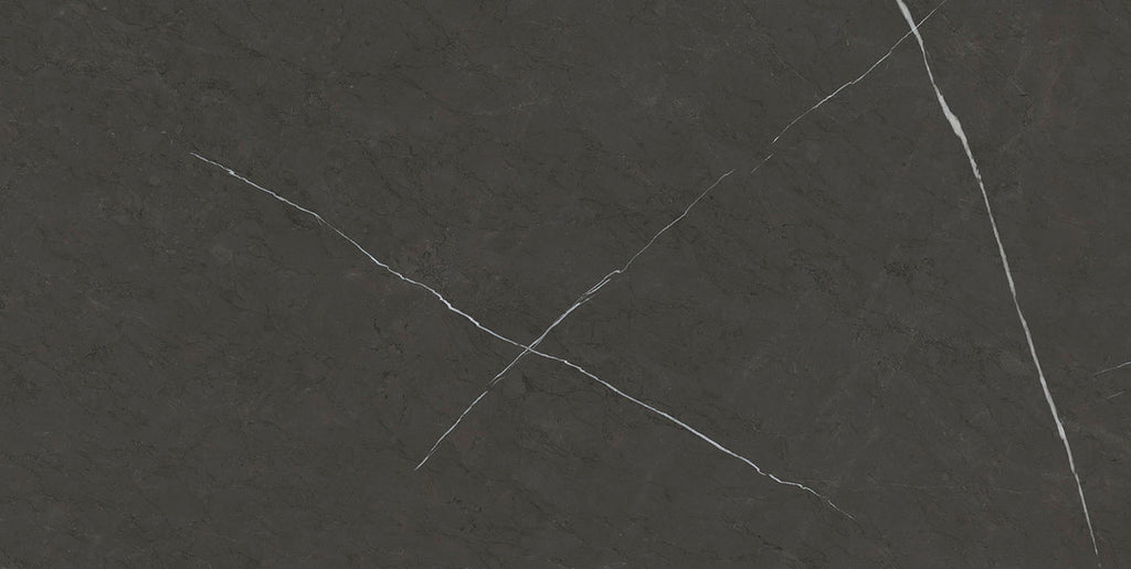 Close-up of Zena Grey Matt Tile showcasing its natural stone-effect texture and white veining.